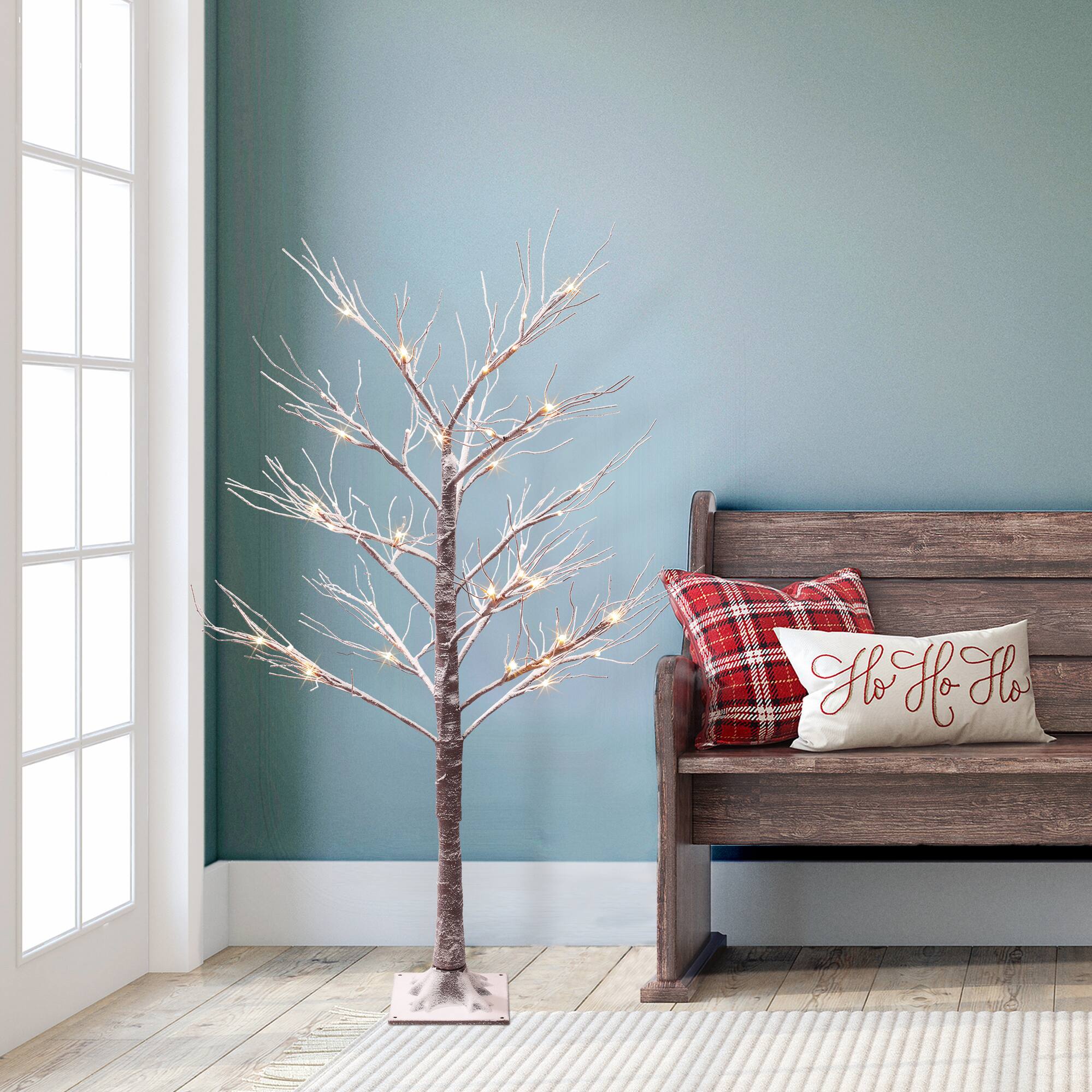 4ft. Pre-Lit Flocked Brown Artificial Twig Tree, White Lights